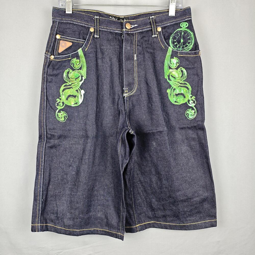 AKDMKS Shorts Mens 32 Blue Dark Wash Denim Jean Green Graphic Bermuda Hip Hop